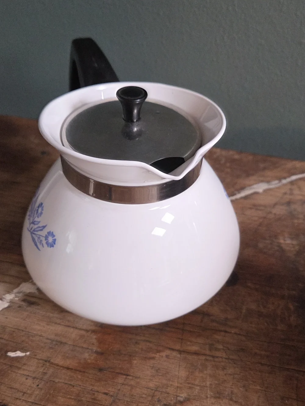 Corningware White Coffee Percolator with Black Handle and Blue Logo